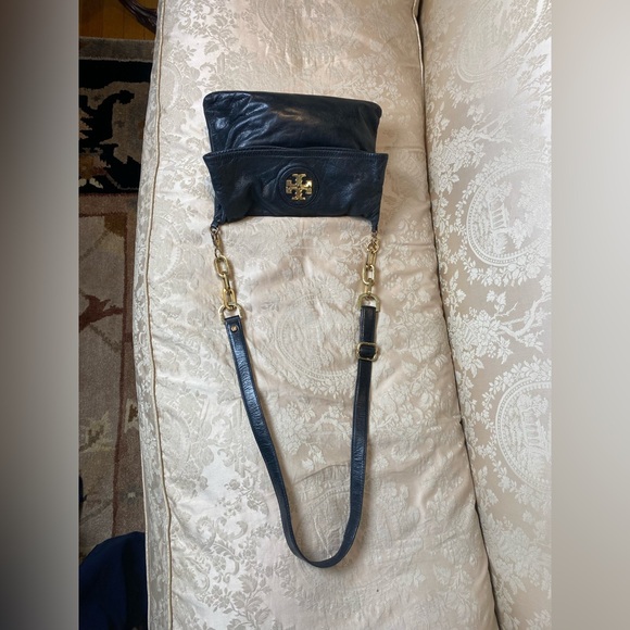 Tory Burch Black Leather Fold-Over Crossbody Bag with Gold Logo & Accents - Picture 3 of 14